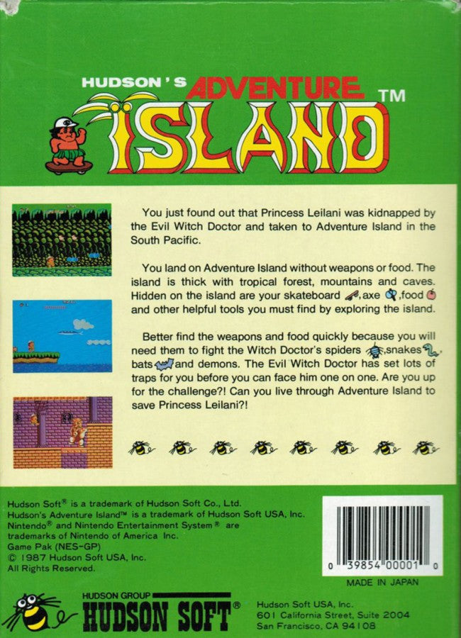 Adventure Island Nintendo Entertainment System NES video game featuring side scrolling platforming gameplay tropical island exploration obstacle courses enemy encounters fruit collecting power ups and classic 8 bit action retro video game collection collectible gaming appeal back cover art