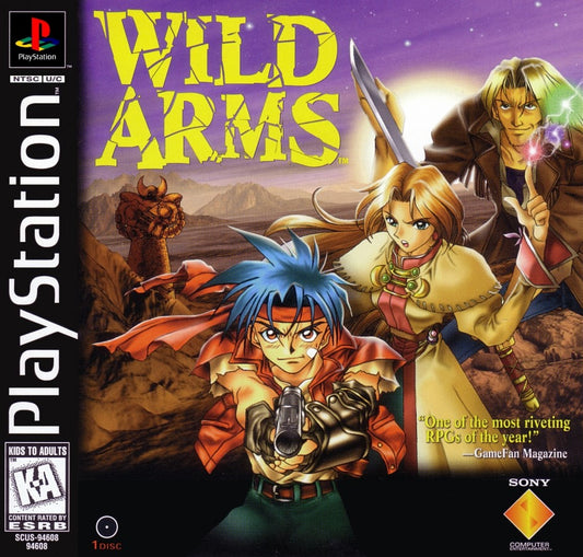 Wild Arms PlayStation 1 PS1 for role playing adventure retro video game fans featuring turn based battles Wild West fantasy exploration dungeon puzzles magical abilities memorable characters epic storytelling collectible gaming appeal front cover art