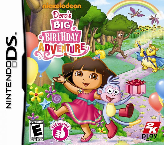 Dora's Big Birthday Adventure Nintendo DS interactive storybook platformer game tapping shouting scribbling activities based on TV special Dora and Boots stuck in Wizzle World birthday party goal DS microphone stylus controls magical unicorn riding front cover