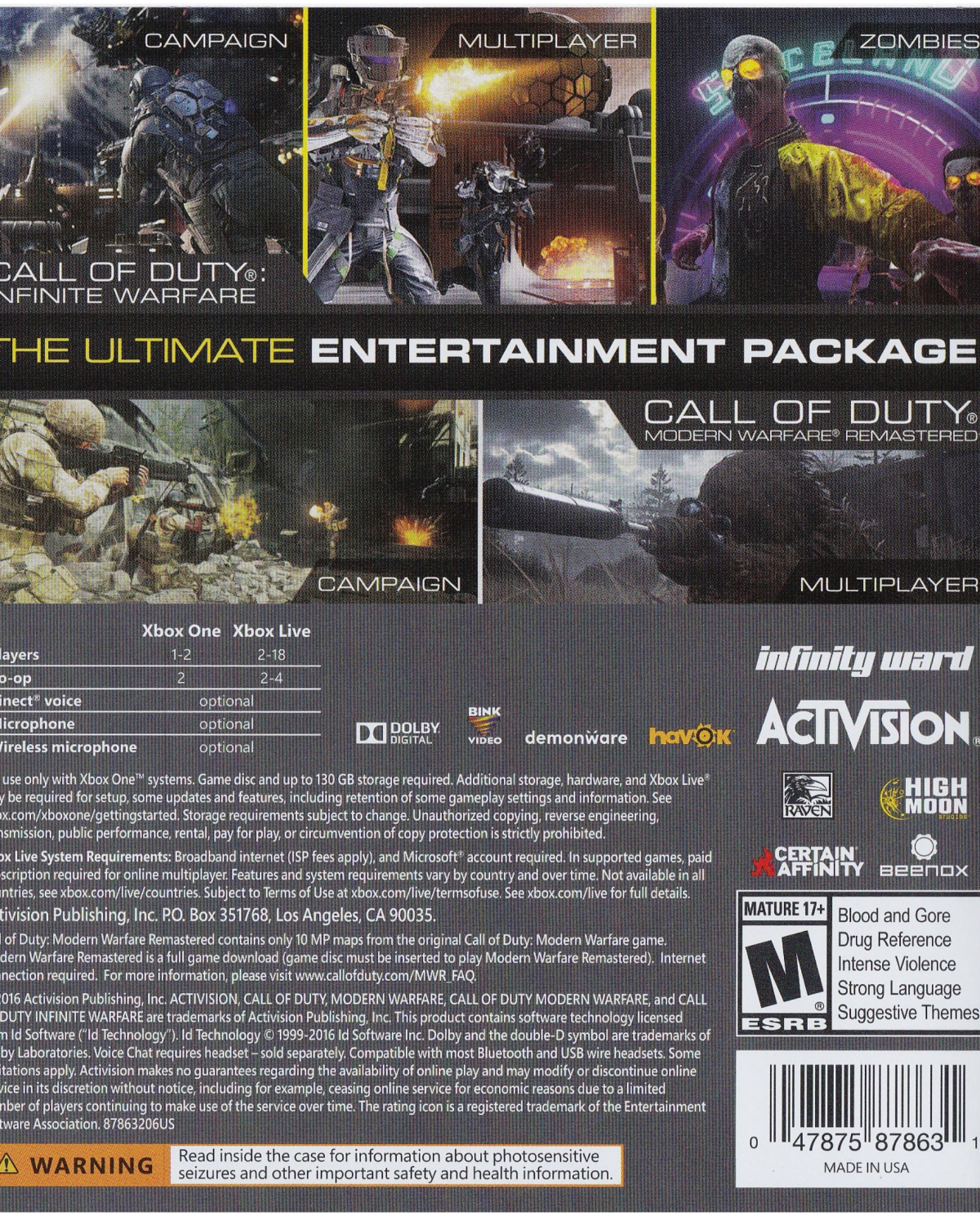 Call of Duty Infinite Warfare Legacy Edition Xbox One for retro video game enthusiasts featuring first person shooter gameplay futuristic military combat cinematic campaign missions fast paced multiplayer action cooperative zombie mode includes Call of Duty Modern Warfare Remastered and collectible gaming appeal back cover