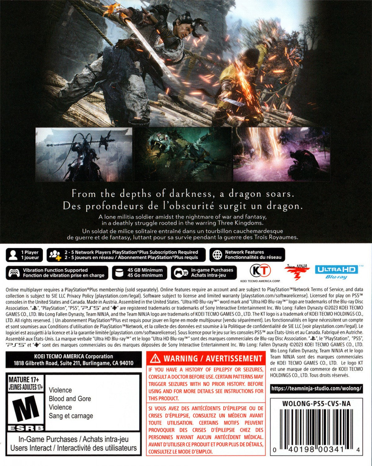 Wo Long Fallen Dynasty PlayStation 5 PS5 for action role playing video game fans featuring fast paced soulslike combat ancient China settings martial arts sword fighting supernatural enemies character progression challenging boss battles Chinese mythology and intense fantasy adventure collectible gaming appeal back cover art