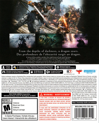 Wo Long Fallen Dynasty PlayStation 5 PS5 for action role playing video game fans featuring fast paced soulslike combat ancient China settings martial arts sword fighting supernatural enemies character progression challenging boss battles Chinese mythology and intense fantasy adventure collectible gaming appeal back cover art
