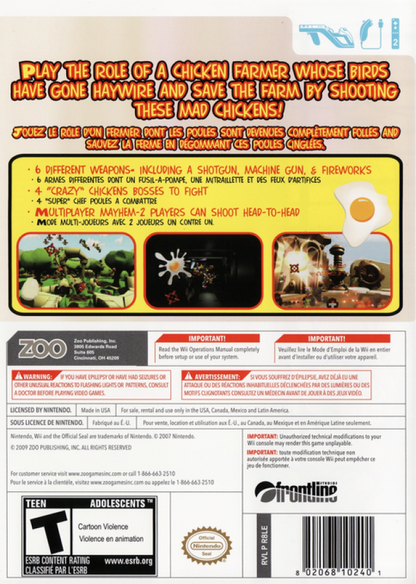 Chicken Blaster Nintendo Wii Wii video game featuring light gun shooting gameplay fast paced arcade action target shooting chicken enemies colorful environments challenging levels aiming mechanics and classic Nintendo Wii gameplay retro video game collection collectible gaming appeal back cover art