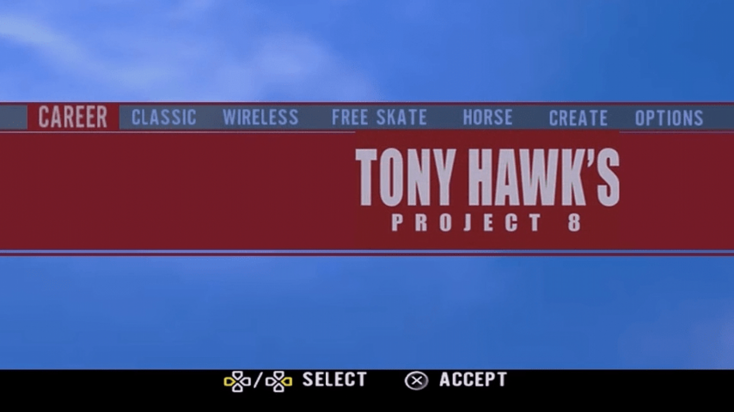 Tony Hawk's Project 8 PlayStation Portable PSP title screen for retro video game enthusiasts featuring skateboarding action gameplay realistic trick based mechanics open city skate environments career mode challenges combo scoring systems extreme sports presentation and portable handheld arcade style gaming experience and collectible gaming appeal