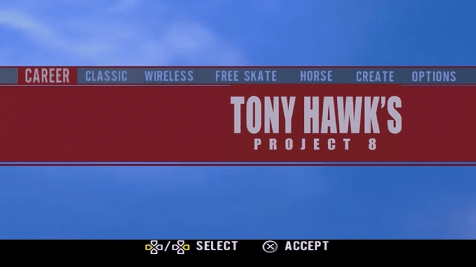Tony Hawk's Project 8 PlayStation Portable PSP title screen for retro video game enthusiasts featuring skateboarding action gameplay realistic trick based mechanics open city skate environments career mode challenges combo scoring systems extreme sports presentation and portable handheld arcade style gaming experience and collectible gaming appeal