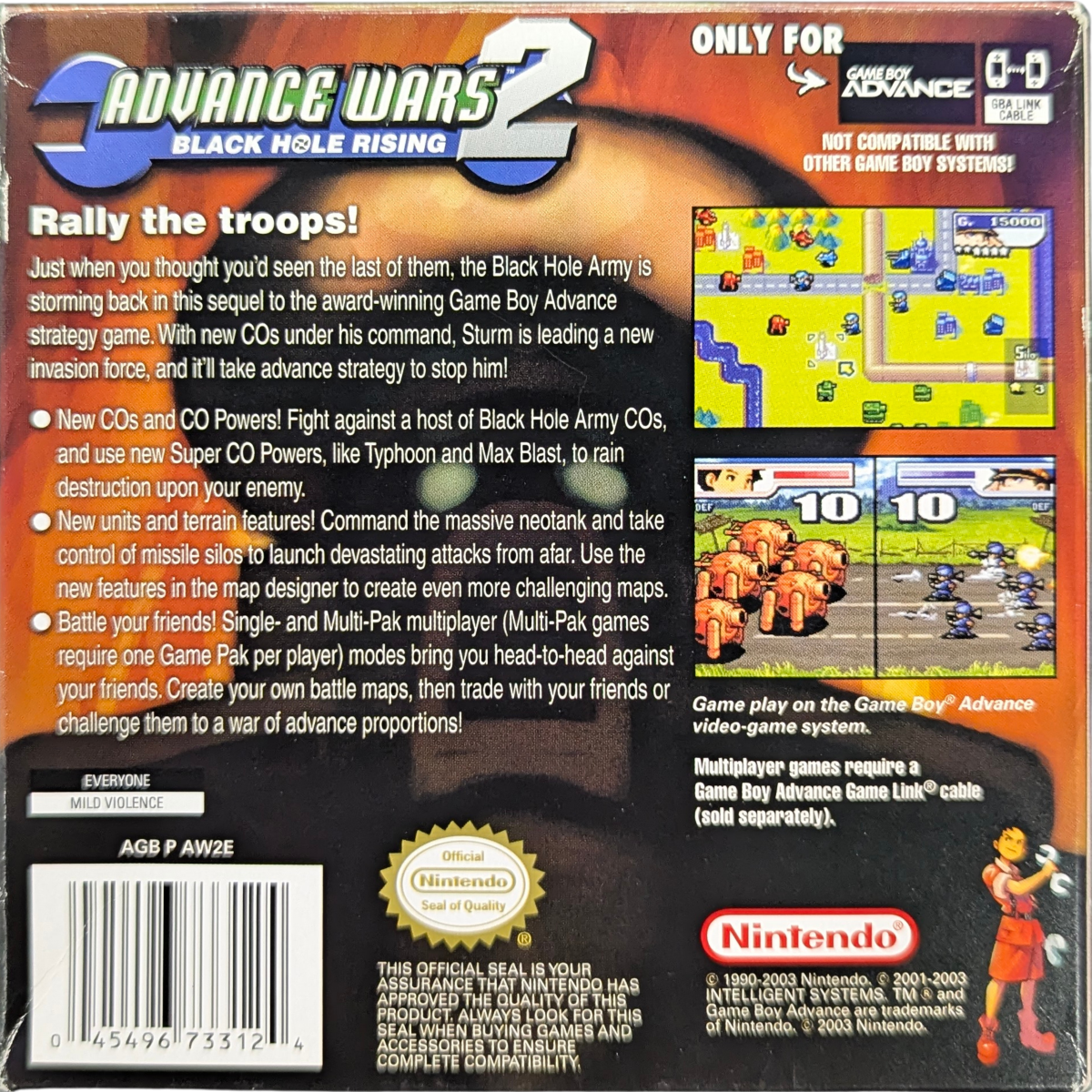 Advance Wars 2: Black Hole Rising [CIB] for Game Boy Advance (GBA) featuring addictive turn-based strategy battles where you command armies across varied maps and outsmart the Black Hole invasion; use unique CO powers, build units, and master terrain tactics in one of the GBA’s defining tactical classics, complete in box for collectors back cover