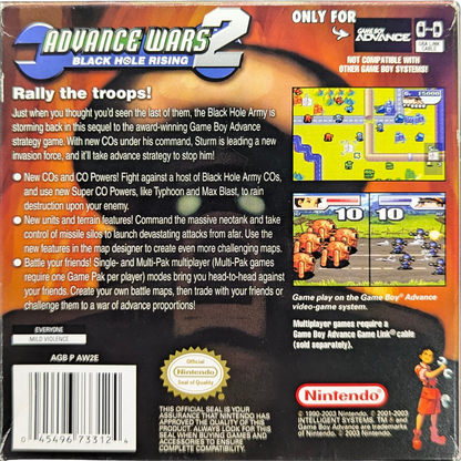Advance Wars 2: Black Hole Rising [CIB] for Game Boy Advance (GBA) featuring addictive turn-based strategy battles where you command armies across varied maps and outsmart the Black Hole invasion; use unique CO powers, build units, and master terrain tactics in one of the GBA’s defining tactical classics, complete in box for collectors back cover