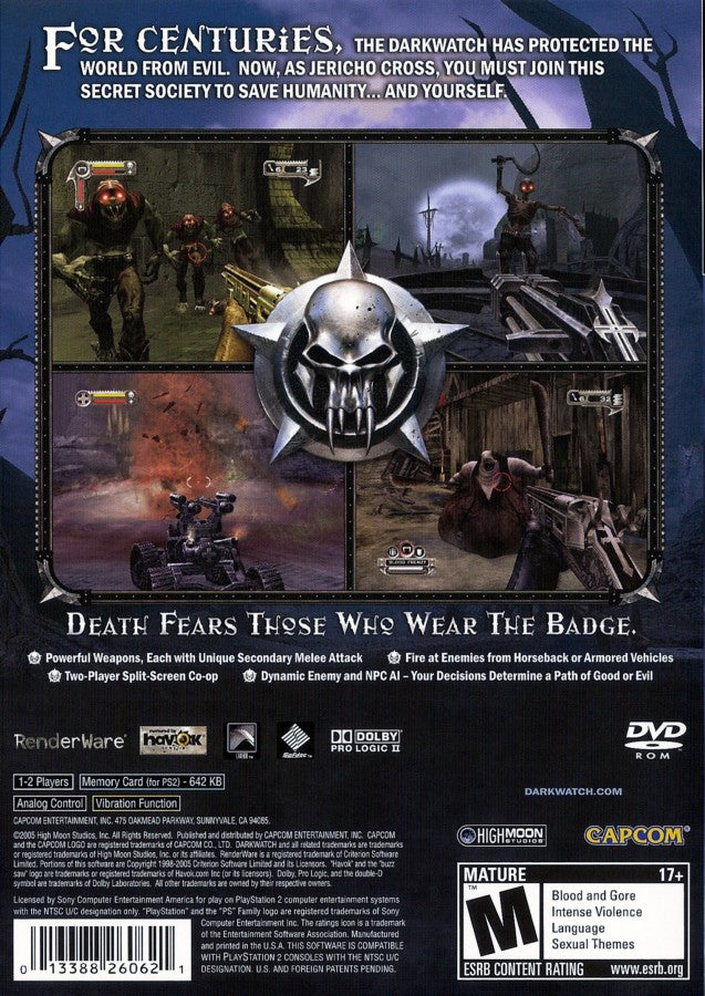 Darkwatch PlayStation 2 PS2 video game, first-person shooter, supernatural western action, story-driven gameplay, classic console title back cover