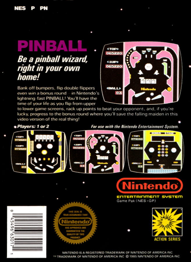 Pinball back of box for Nintendo Entertainment System (NES) retro video game