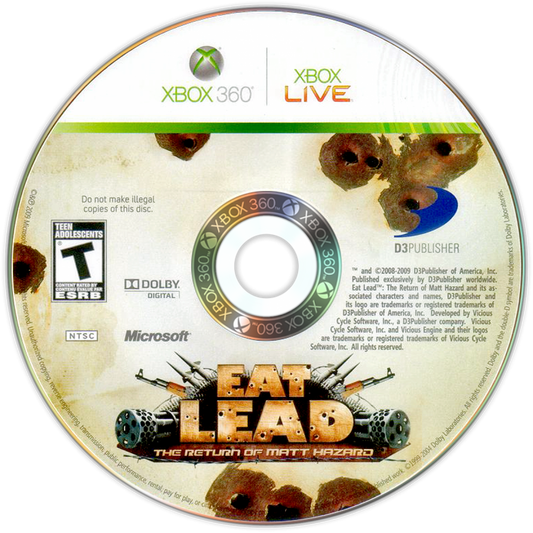 Eat Lead The Return of Matt Hazard Xbox 360 game featuring third-person shooter action comedy storyline voice acting by Will Arnett explosive gunplay boss battles and single player campaign gameplay disc 