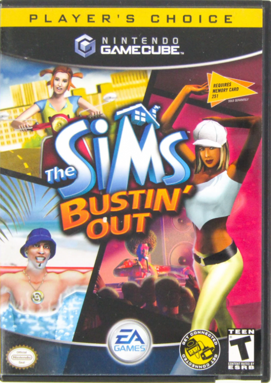 The Sims Bustin’ Out Player’s Choice GameCube GC video game, life simulation, open-ended gameplay, family-friendly, classic Nintendo GameCube title front cover
