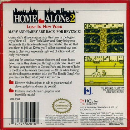 Home Alone 2 Lost in New York for Game Boy, back of case for an action platformer video game with side-scrolling gameplay, trap-setting mechanics, enemy avoidance, and movie-inspired challenges