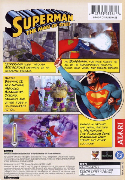 Superman Man of Steel Xbox action adventure video game featuring Superman flying through Metropolis battling supervillains and enemies using super strength heat vision and other powerful abilities fast-paced combat city exploration challenging missions and classic original Xbox gameplay collectible retro gaming appeal back cover art