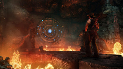 Deadfall Adventures first person action adventure video game featuring pulp style treasure hunting fast paced shooting ancient ruins puzzles and an Indiana Jones inspired cinematic gameplay experience gameplay