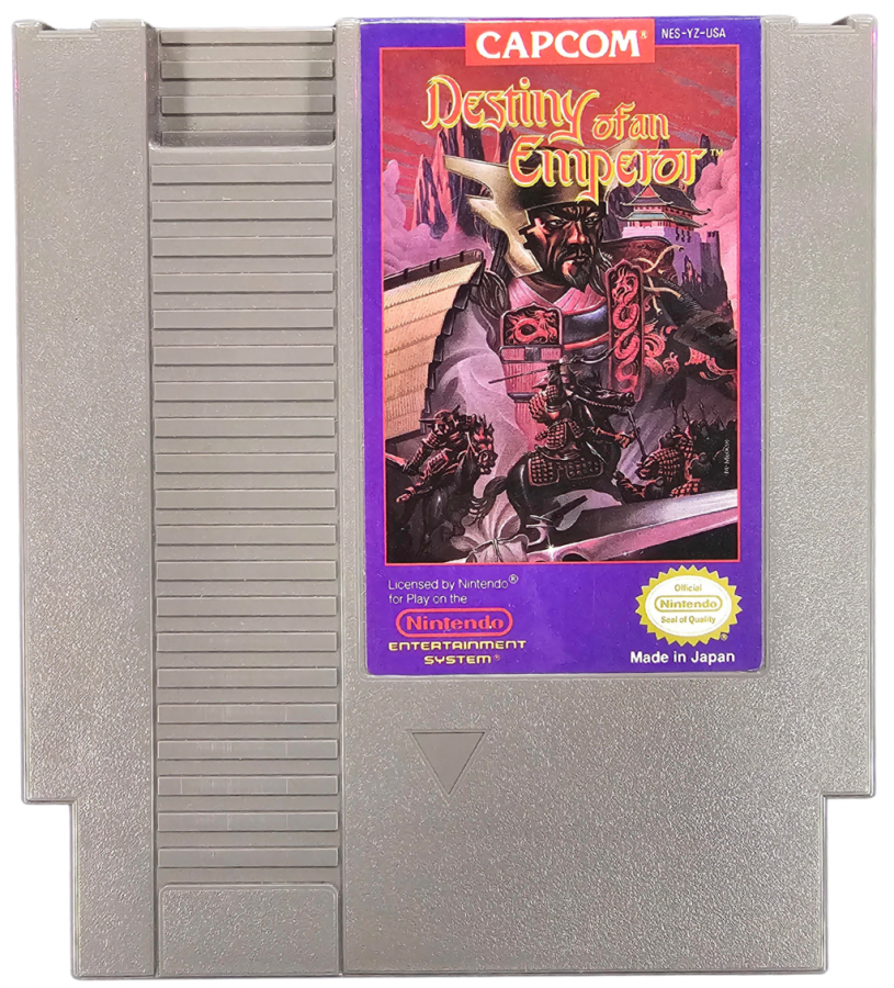 Destiny of an Emperor Nintendo Entertainment System NES video game Complete In Box CIB featuring strategy role playing gameplay ancient China adventure historical warfare character recruitment army management tactical battles and classic 8 bit Nintendo gameplay retro video game collection collectible gaming appeal game cartridge