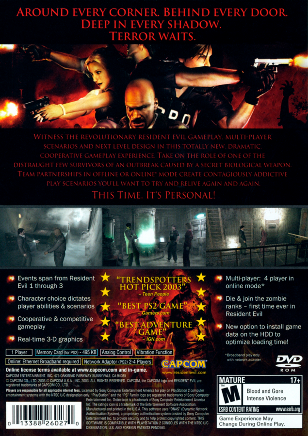 Resident Evil: Outbreak back cover art for PlayStation 2 (PS2) video game