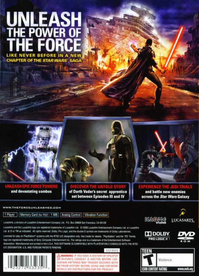 Star Wars: The Force Unleashed – PlayStation 2 (PS2) video game back of case, action-adventure lightsaber combat.