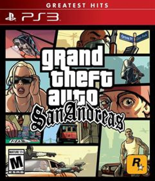 Grand Theft Auto San Andreas Greatest Hits PlayStation 3 PS3 for open world action adventure video game fans featuring Carl Johnson crime filled missions Los Santos exploration driving gameplay vehicle customization weapons side activities character progression and immersive Rockstar Games storytelling collectible gaming appeal front