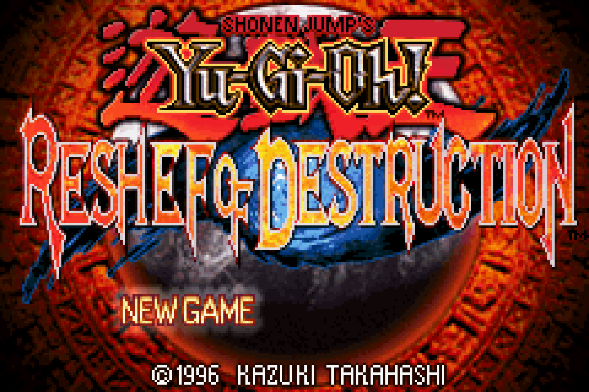 Yu-Gi-Oh! Reshef of Destruction Game Boy Advance title screen for retro video game featuring strategic card battle gameplay, duel monster mechanics, anime inspired storyline, deck building progression, turn based dueling strategy, and portable handheld trading card game adventure on GBA system