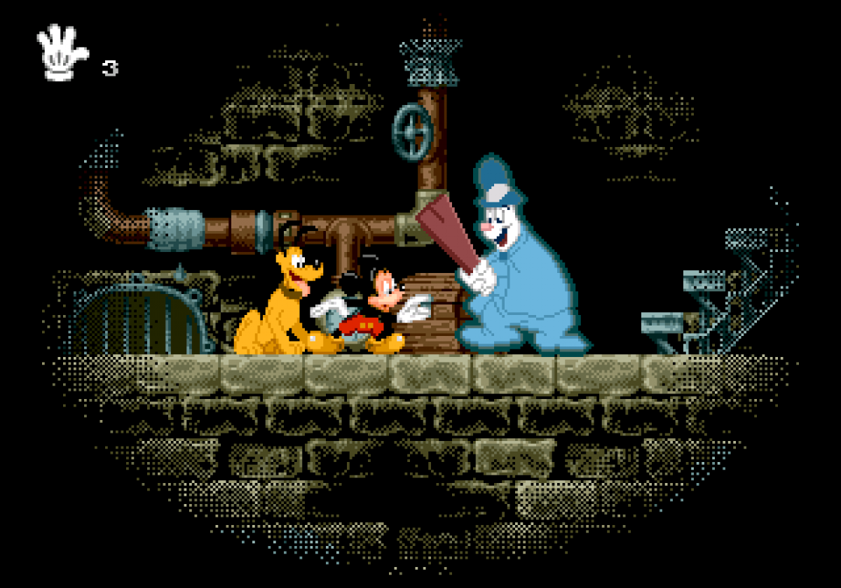 Mickey Mania Sega CD Sega Genesis Disney platformer starring Mickey Mouse animated cartoon inspired levels side scrolling action puzzle platforming enhanced CD audio FMV intro classic Disney gameplay retro gaming Sega CD software video game title gameplay