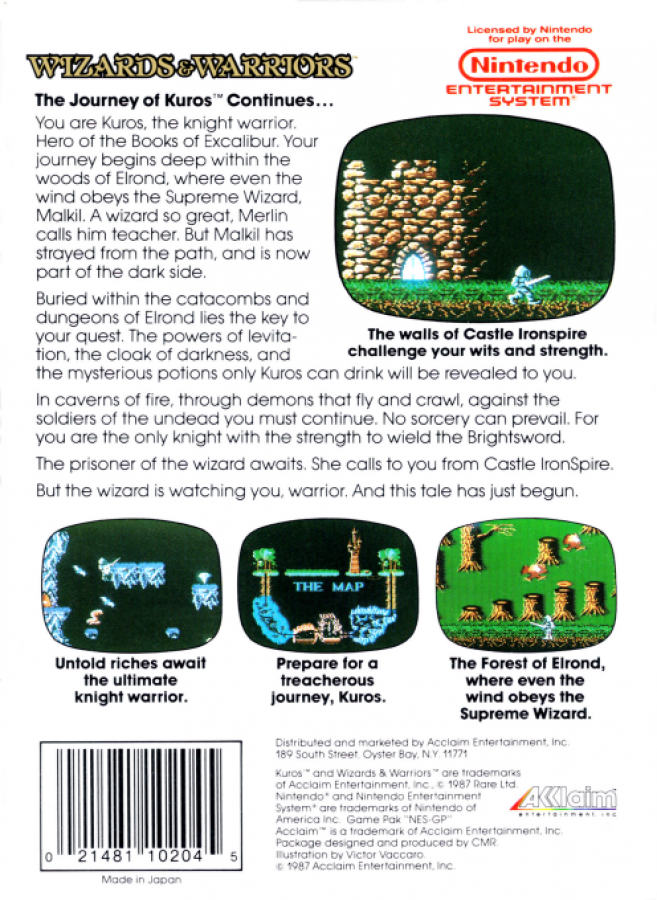 Wizards & Warriors back of box for Nintendo Entertainment System (NES) retro video game