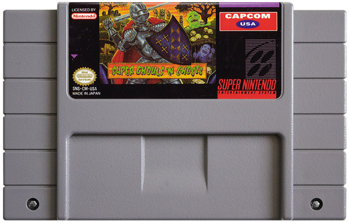 Retro Super Ghouls n Ghosts SNES inspired design featuring classic side scrolling action platformer aesthetic dark fantasy monsters medieval knight armor challenging arcade gameplay gothic horror atmosphere nostalgic Super Nintendo presentation cartridge