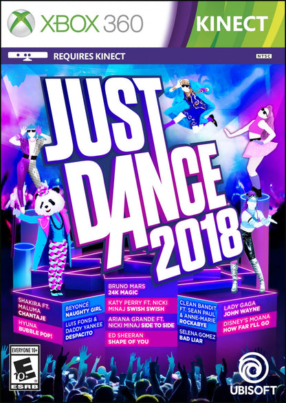 Just Dance 2018 Xbox 360 X360 dance rhythm game featuring hit songs choreographed routines motion controlled gameplay multiplayer dance parties and music video performances retro video game collection collectible gaming appeal front cover