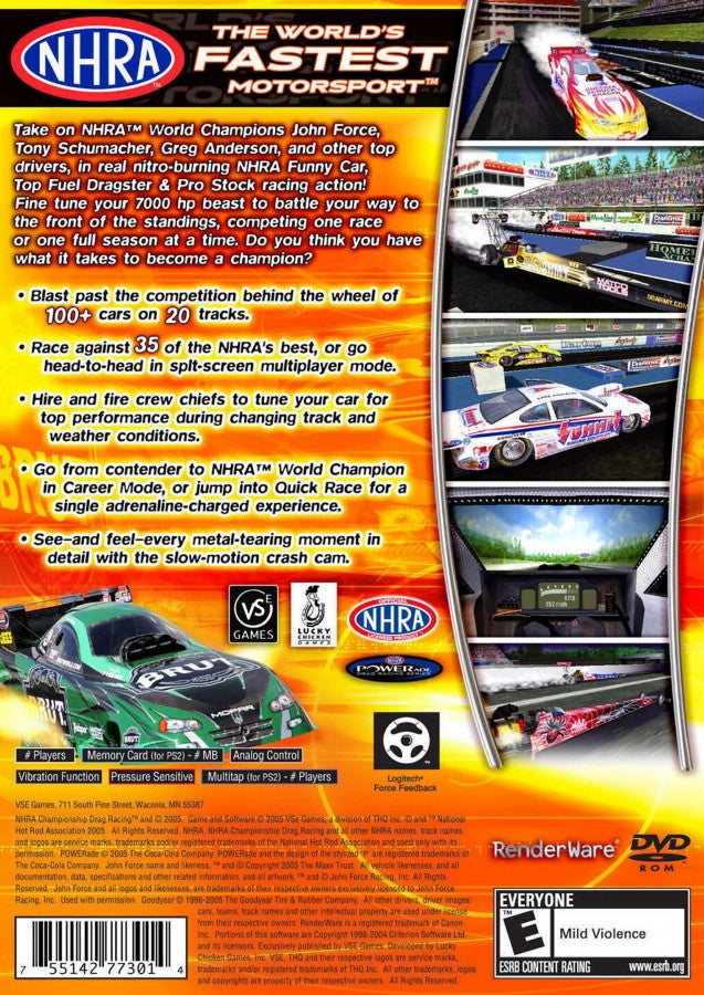 NHRA Championship Drag Racing – PlayStation 2 (PS2) video game back of case, drag racing simulation game.