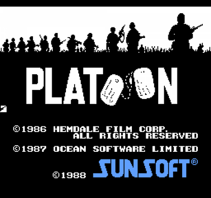 Platoon cartridge for the Nintendo Entertainment System featuring 8 bit side scrolling action based on the Vietnam War with soldier combat missions and tactical gameplay