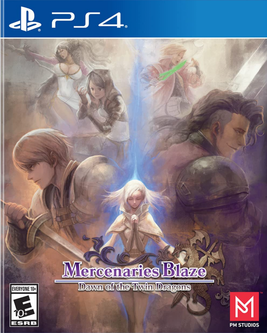 Mercenaries Blaze: Dawn of the Twin Dragons for PlayStation 4 (PS4) at Gamers INC, featuring a classic tactical RPG experience with deep turn-based combat, 3D isometric battlefields, and a branching narrative where your choices shape the fate of a kingdom in turmoil front cover