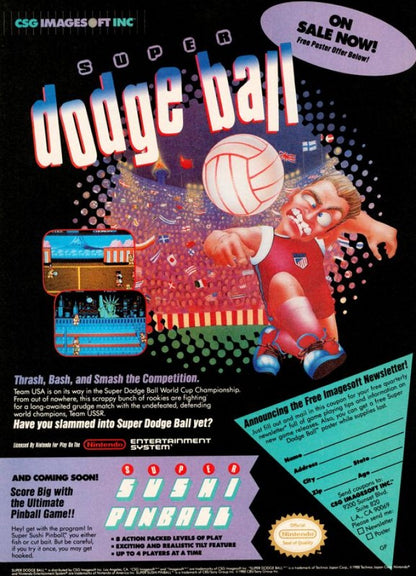Super Dodgeball Nintendo Entertainment System NES sports video game featuring fast-paced dodgeball matches team-based competition powerful throws special moves international teams challenging opponents and classic Nintendo Entertainment System NES gameplay collectible retro gaming appeal front cover art