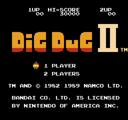 Dig Dug II Trouble in Paradise Nintendo Entertainment System NES video game featuring arcade action gameplay island exploration enemy digging rock crushing and air pump attacks strategic level challenges classic Dig Dug gameplay 8 bit retro video game collection collectible gaming appeal gameplay