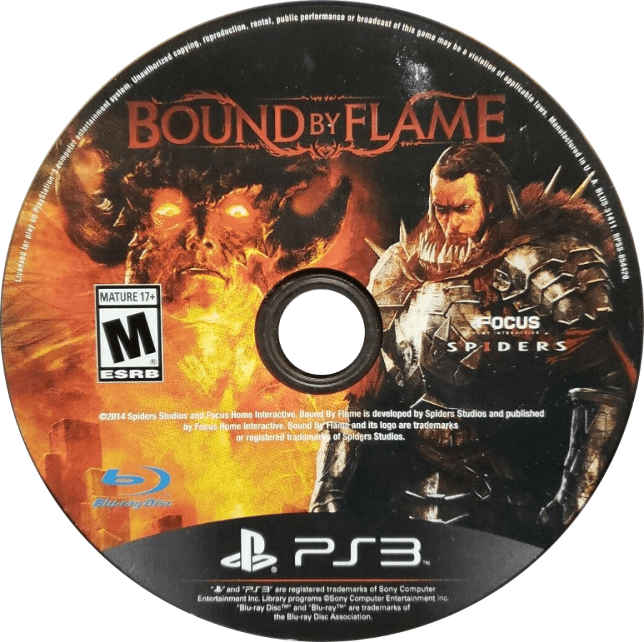 Game disc for 'Bound by Flame' on a PlayStation 3 console, featuring warrior and fiery design.