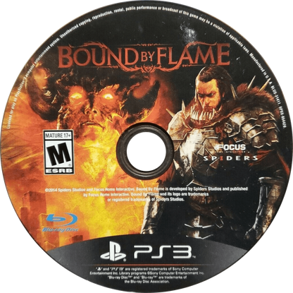 Game disc for 'Bound by Flame' on a PlayStation 3 console, featuring warrior and fiery design.