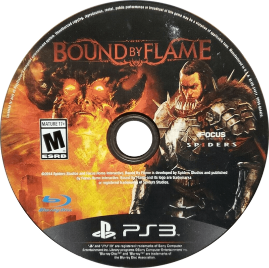 Game disc for 'Bound by Flame' on a PlayStation 3 console, featuring warrior and fiery design.