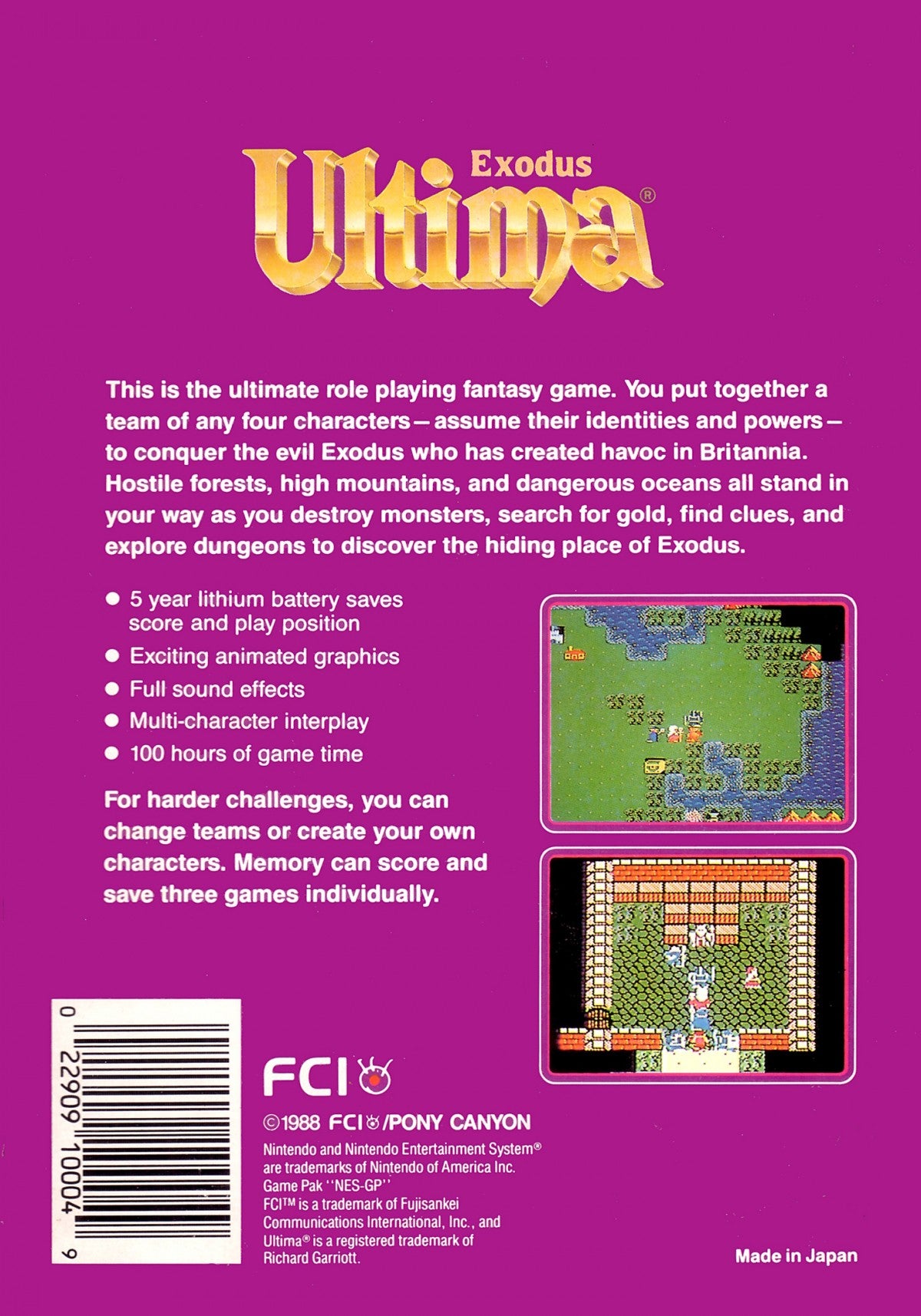 Ultima Exodus Nintendo Entertainment System NES video game In Box featuring fantasy role playing gameplay party based adventure exploration character customization turn based combat dungeon exploration quests and classic 8 bit Nintendo gameplay retro video game collection collectible gaming appeal back cover art