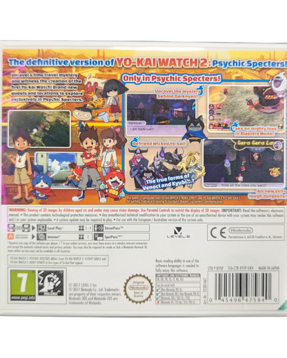 Yo-kai Watch 2 Psychic Specters Nintendo 3DS video game, PAL import edition, RPG adventure, monster collecting and battles, handheld console title back cover