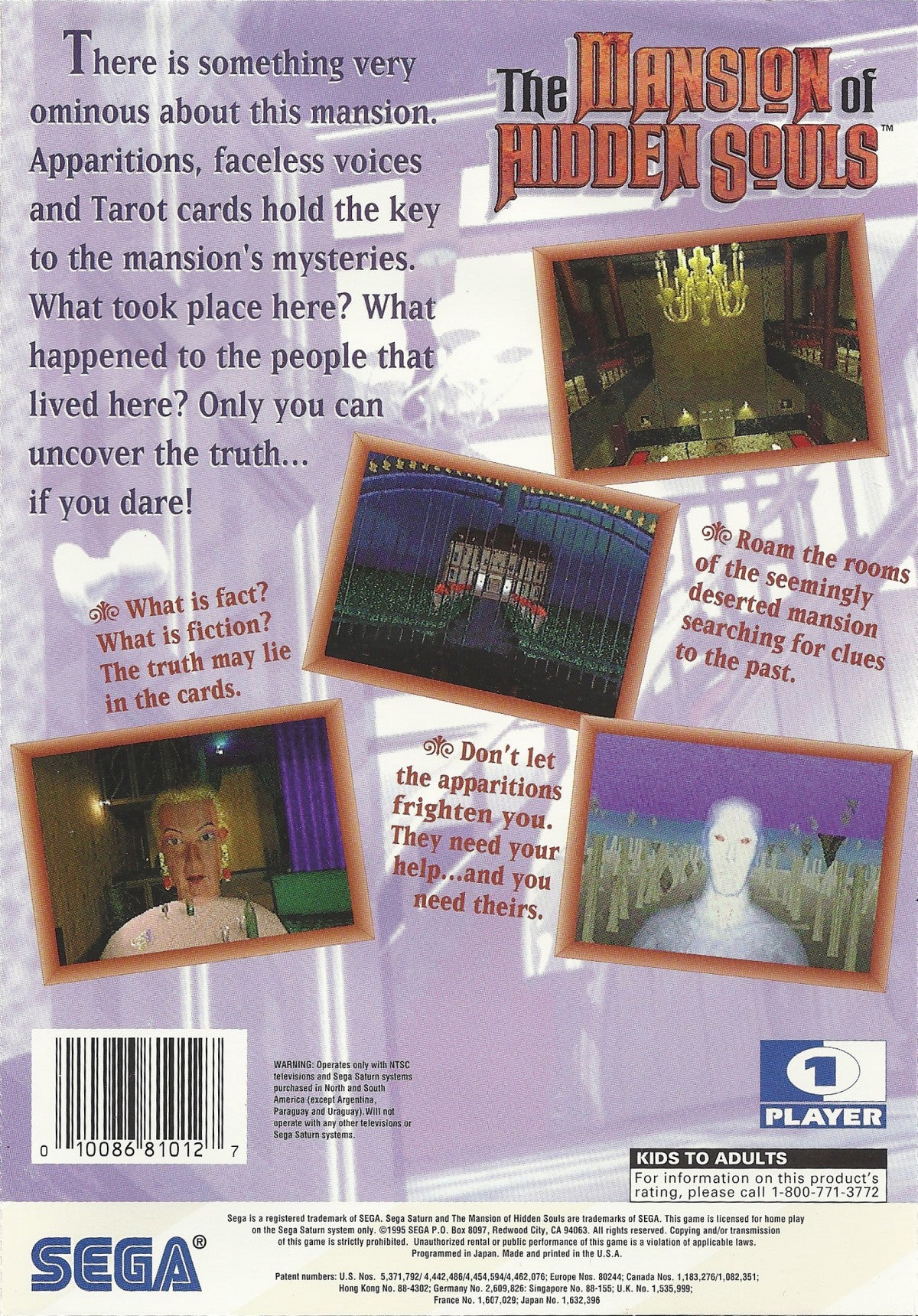 Mansion of Hidden Souls Sega CD first person point and click FMV style adventure game haunted mansion mystery ghost characters puzzle solving atmospheric horror interactive movie gameplay Sega CD software video game title back cover art