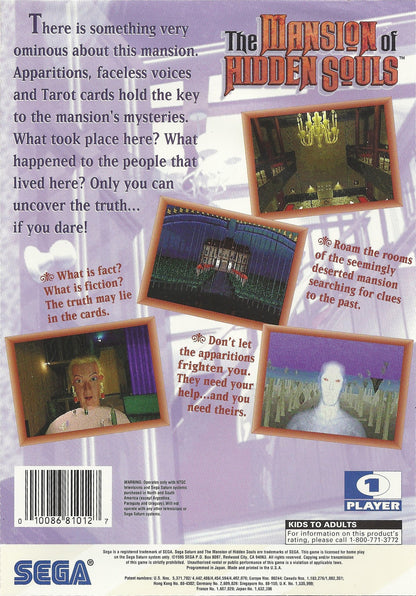 Mansion of Hidden Souls Sega CD first person point and click FMV style adventure game haunted mansion mystery ghost characters puzzle solving atmospheric horror interactive movie gameplay Sega CD software video game title back cover art
