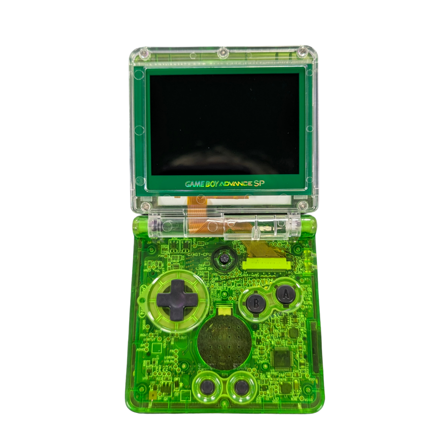Game Boy Advance SP (GBA SP) [Custom Green Shell & IPS Screen Mod] at Gamers INC, featuring a vibrant, high-definition backlit IPS display for superior clarity and brightness, housed in a custom-built green shell with a modern aesthetic, offering a premium handheld experience for playing your entire library of classic GBA, GBC, and GB games on an upgraded system open