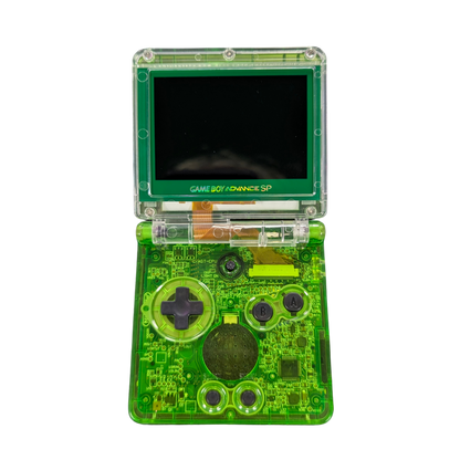 Game Boy Advance SP (GBA SP) [Custom Green Shell & IPS Screen Mod] at Gamers INC, featuring a vibrant, high-definition backlit IPS display for superior clarity and brightness, housed in a custom-built green shell with a modern aesthetic, offering a premium handheld experience for playing your entire library of classic GBA, GBC, and GB games on an upgraded system open