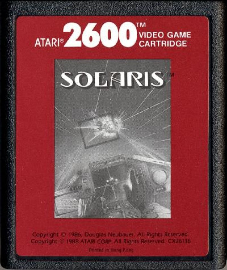 Solaris retro Atari 2600 video game featuring sci fi space combat, open world exploration, arcade shooter gameplay and classic Atari console adventure - cartridge