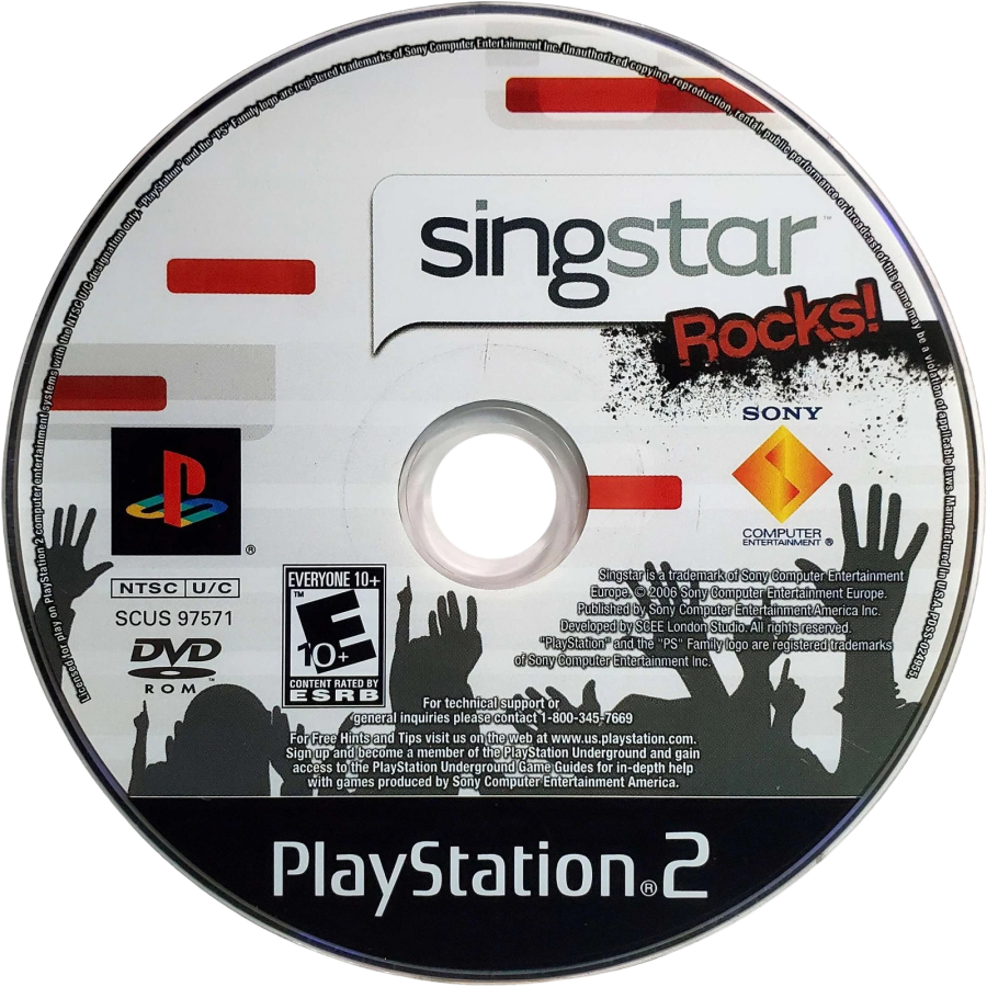 Singstar Rocks! cover art for PlayStation 2 (PS2) video game disc, music rhythm game.