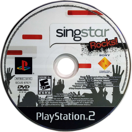 Singstar Rocks! cover art for PlayStation 2 (PS2) video game disc, music rhythm game.
