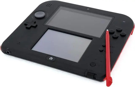 Front view of a black and red Nintendo 2DS handheld console showing the dual screens, control pad, buttons, and speakers.
