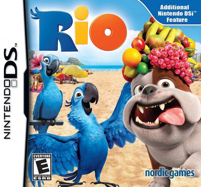 Rio Nintendo DS movie tie in party game mini games Rio animated film Blue macaw adventure casual gameplay touch screen stylus controls Nintendo DS software video game title cover art 