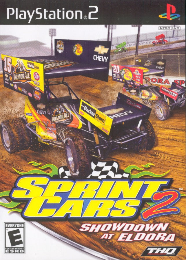 Sprint Cars 2 Showdown at Eldora for the PlayStation 2 featuring dirt track racing gameplay high speed sprint car competition realistic handling and competitive racing action at Eldora Speedway cover art