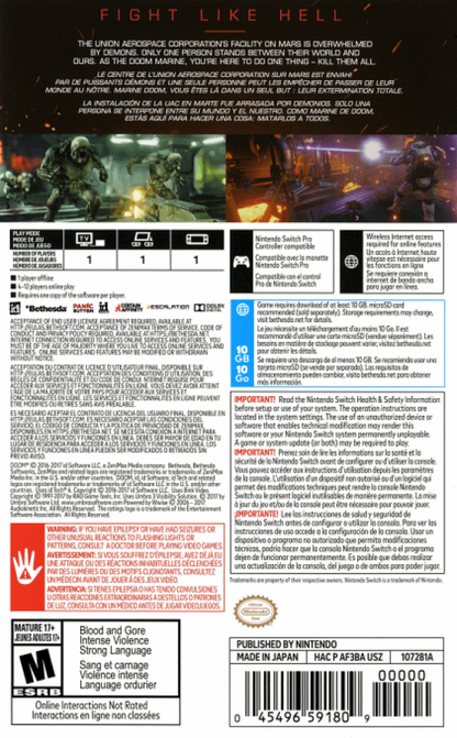 Doom back of box for Nintendo Switch NS video game
