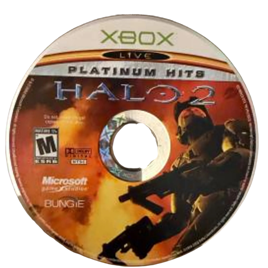 Halo 2 Platinum Hits Xbox inspired design featuring legendary sci fi first person shooter aesthetic Master Chief interstellar warfare futuristic alien battles iconic multiplayer action cinematic campaign gameplay classic Xbox gaming nostalgia presentation disc