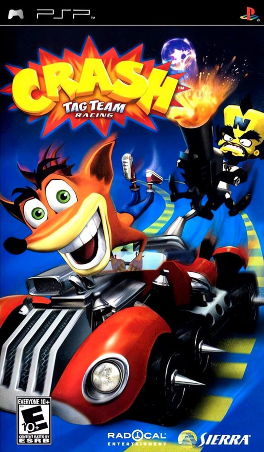 Crash Tag Team Racing PlayStation Portable PSP for retro video game enthusiasts featuring arcade kart racing gameplay Crash Bandicoot characters vehicle merging mechanics colorful tracks power ups multiplayer action and collectible gaming appeal front cover
